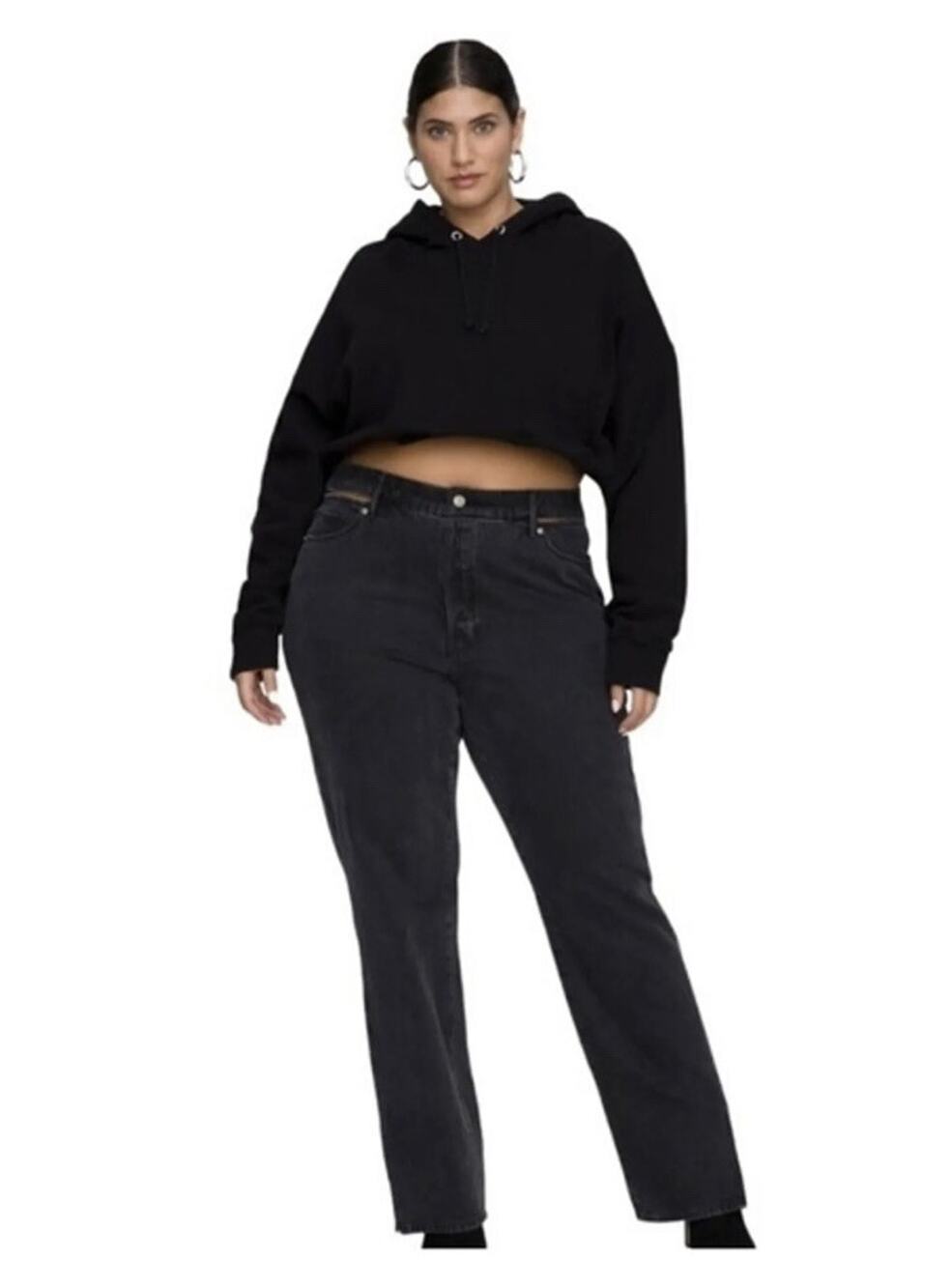 NWT Good American Jeans 10/30 Black Good Boy Cutout Waist Side Slit Button Fly